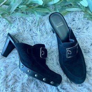 Stuart Weitzman Studded Black Double Agent Mule Heeled Suede Clogs